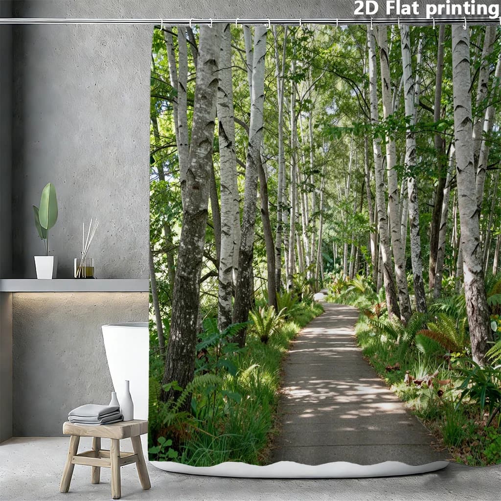 2D Flat, 1pc Birch Forest Shower Curtain with Tall White Birch Trees & Lush Greenery Pathway - Natural Green & White Bathroom Wi