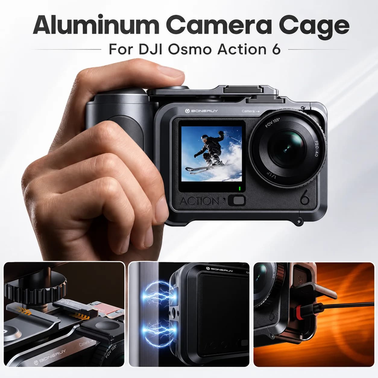 Aluminum Camera Cage for DJI Osmo Action 6 Protective Frame Case with Magnetic Mount Cold Shoe 1/4 Screw for Vlog Video Photo