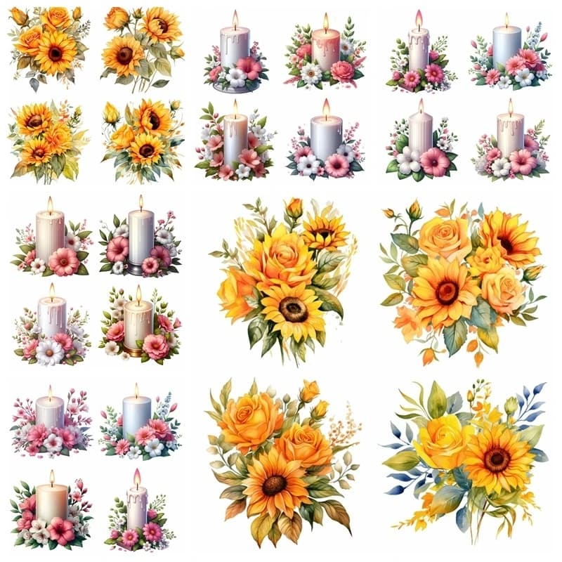 Toppa per trasferimento da stiro con set di fiori e candele da 14 cm, utilizzata per il trasferimento di calore di magliette fai-da-te utilizzata per la decorazione di abbigliamento per bambole