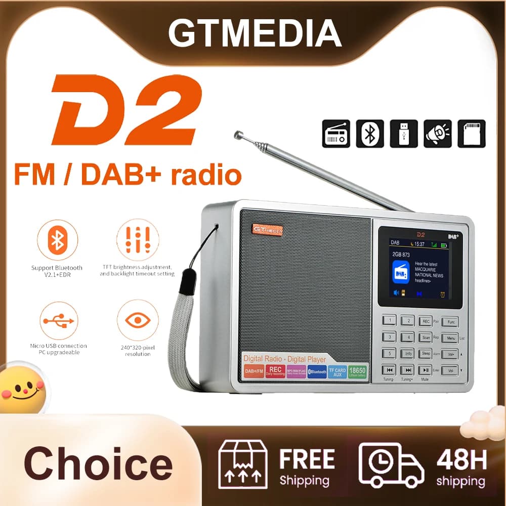 Radio portatile GTMEDIA D2 FM/DAB+RDS a banda completa con auricolari stereo multifunzione, radio ricaricabile con display a colori TFT