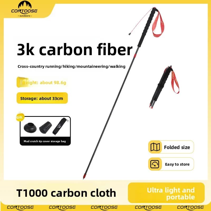 1PC 3K Carbon Fiber Folding Trekking Pole, 110cm Lightweight Hiking Stick with 33cm Compact Storage for Trail Running Hiking