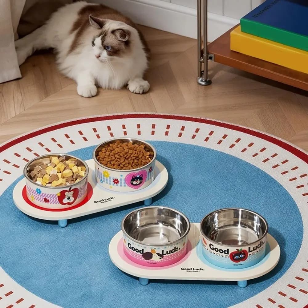 Stainless Steel Double Cat Bowl Cartoon Neck Protection Elevated Pet Food Bowl Large Capacity Anti-Tip Cat Water Bowl Food Water