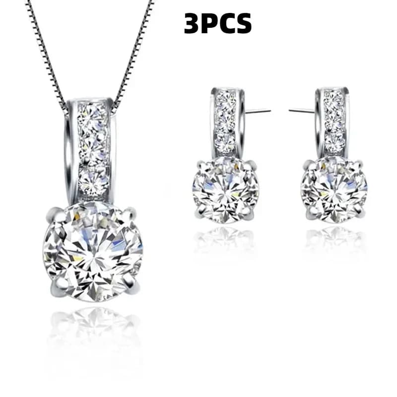 3PCS set, sterling silver color scheme bridal jewelry set, classic zircon crystal pendant necklace and earrings, suitable for girlfriend and mother.SSSS