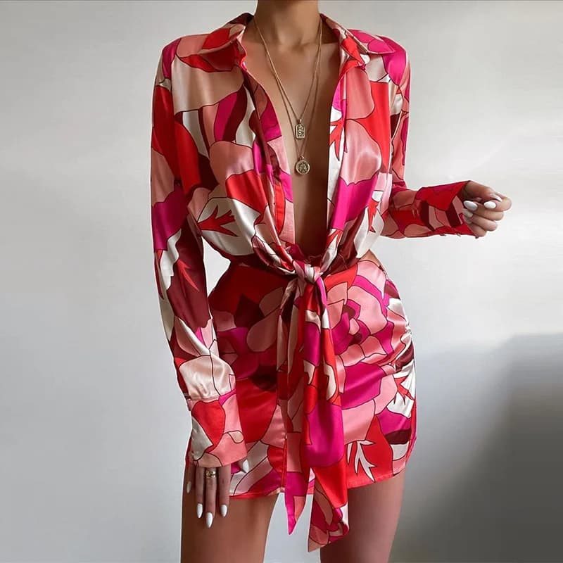 Sexy Floral Print Long Sleeve Shirt Dress Korean Style High Waist A-Line Skirt Single Button Closure Neck Dress for Women