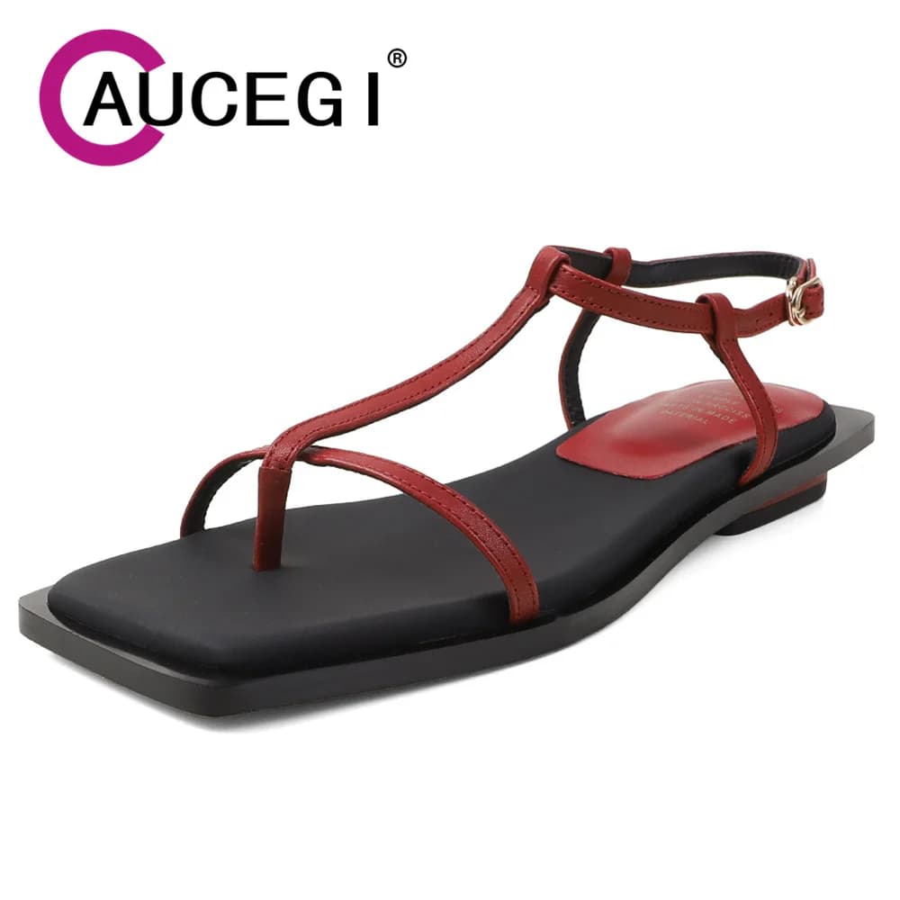 Aucegi Genuine Leather Comfortable Low Heels Casual Sandals Women Clip Square Toe Buckle Strap Dress Party Ladies Handmade Shoes