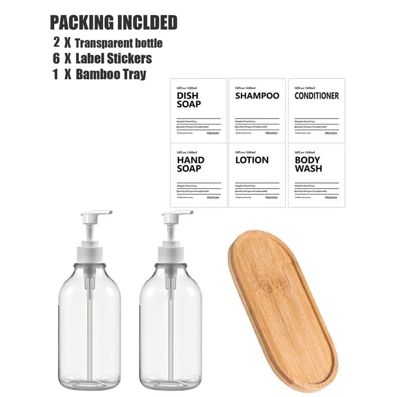 Dispenser di sapone con etichette Vassoio Cucina Bagno Shampoo Balsamo Bottiglie Pompa a mano da 500 ml Contenitore vuoto per gel doccia liquido