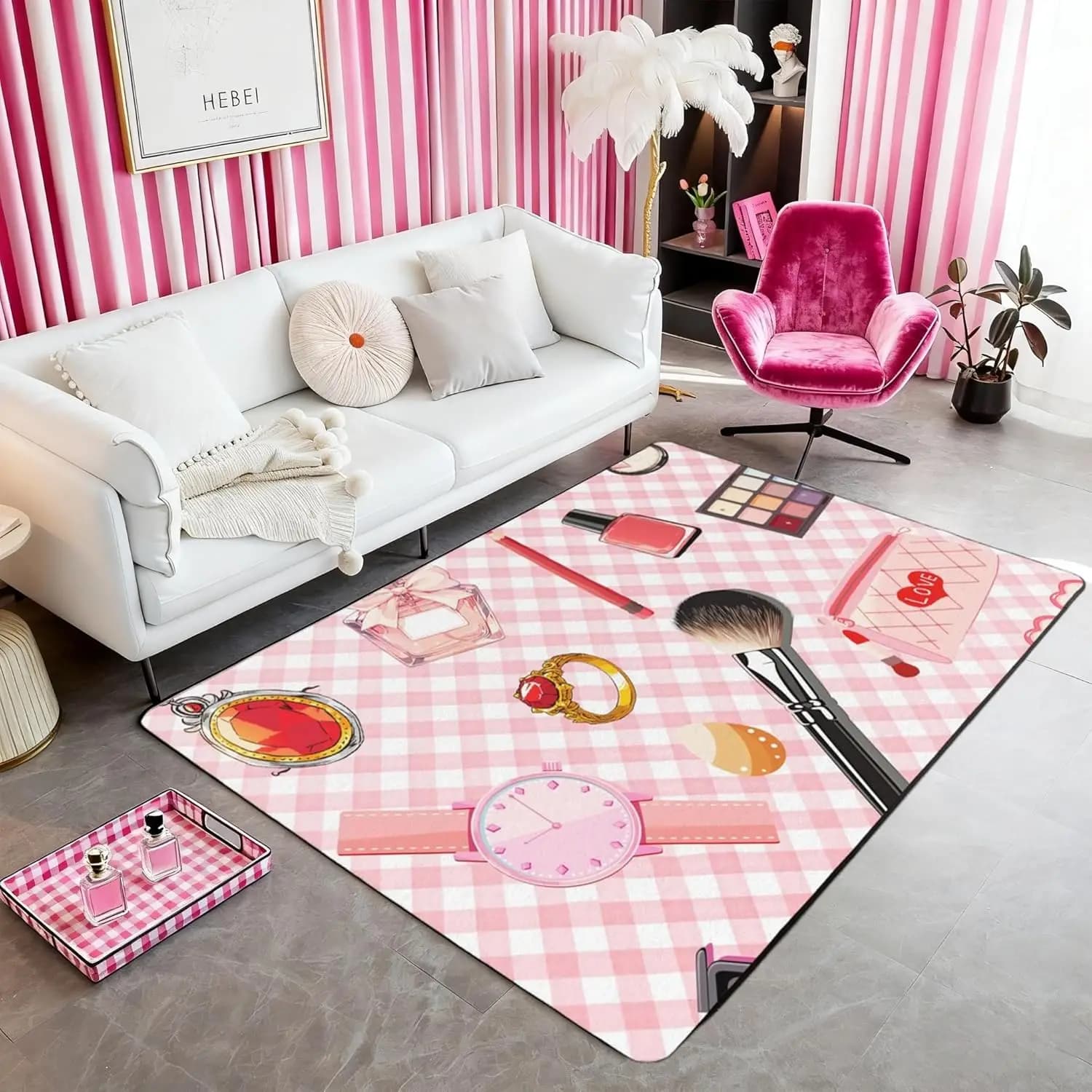 Cosmetics Theme Carton Animated Rossetto Umbrella Ring Living Mats for Adults, Grid geometric stripes white non-slip Lavabile