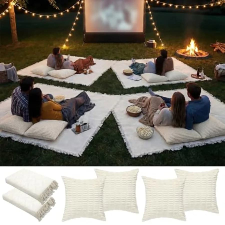 2 Coperte da Picnic Extra Large per Esterni 231x180 cm con 4 Federe per Cuscini, Ideali per Feste e Film, in Cotone Intrecciato, Misura Oversize