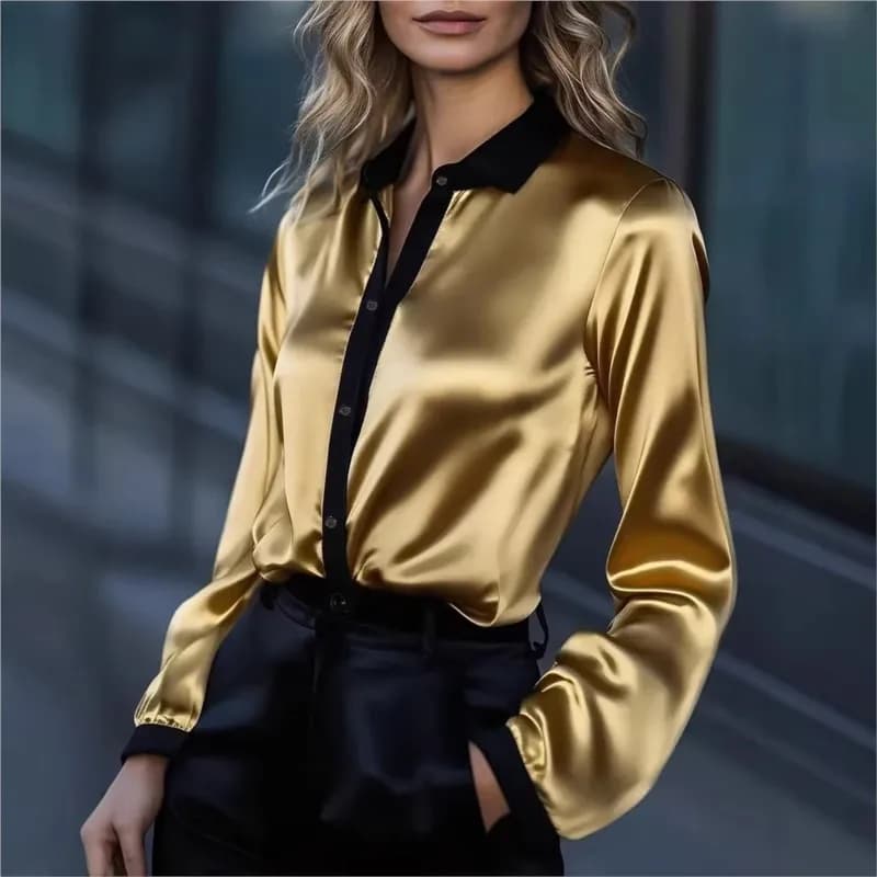 Camicetta Elegante da Donna in Raso 2026, Top Estivo a Maniche Lunghe con Colletto, Tinta Unita con Dettagli a Contrasto, Oversize per Ufficio