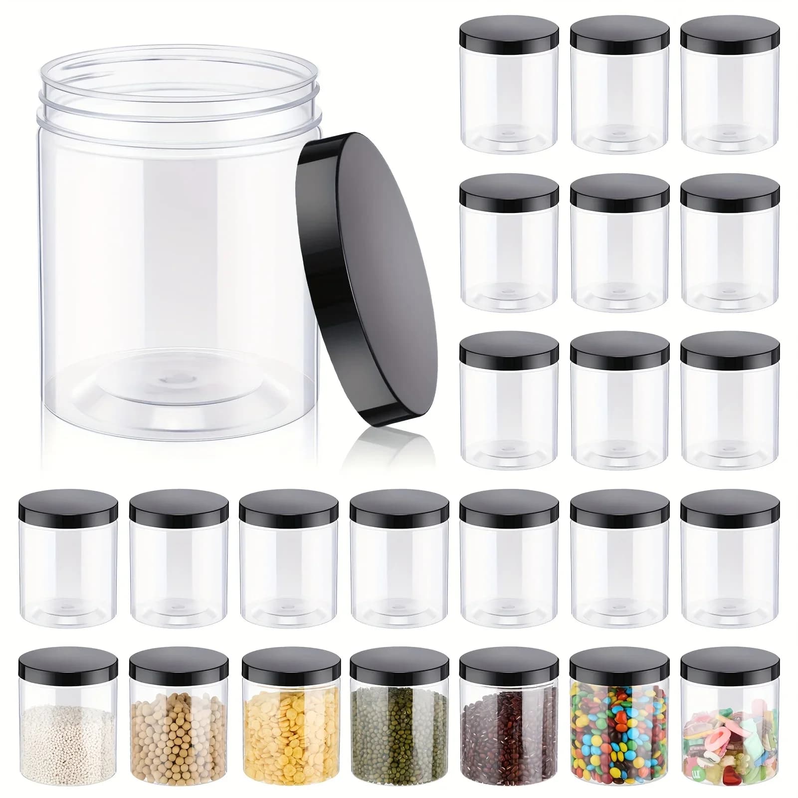 DDHOME Set di 24 Barattoli in Plastica Trasparente da 16 Oz con Coperchi Scanalati, Contenitori Ermetici per Alimenti e Vernici