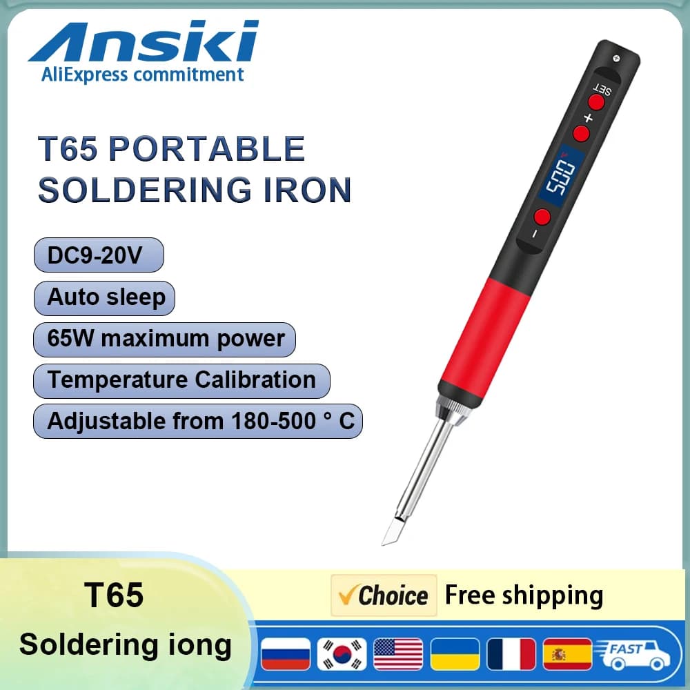Saldatore portatile ANSIKI T65 9-20V 65W 180-500 ° Strumento di riparazione per saldatura fai-da-te a temperatura regolabile Kit di saldatura portatile