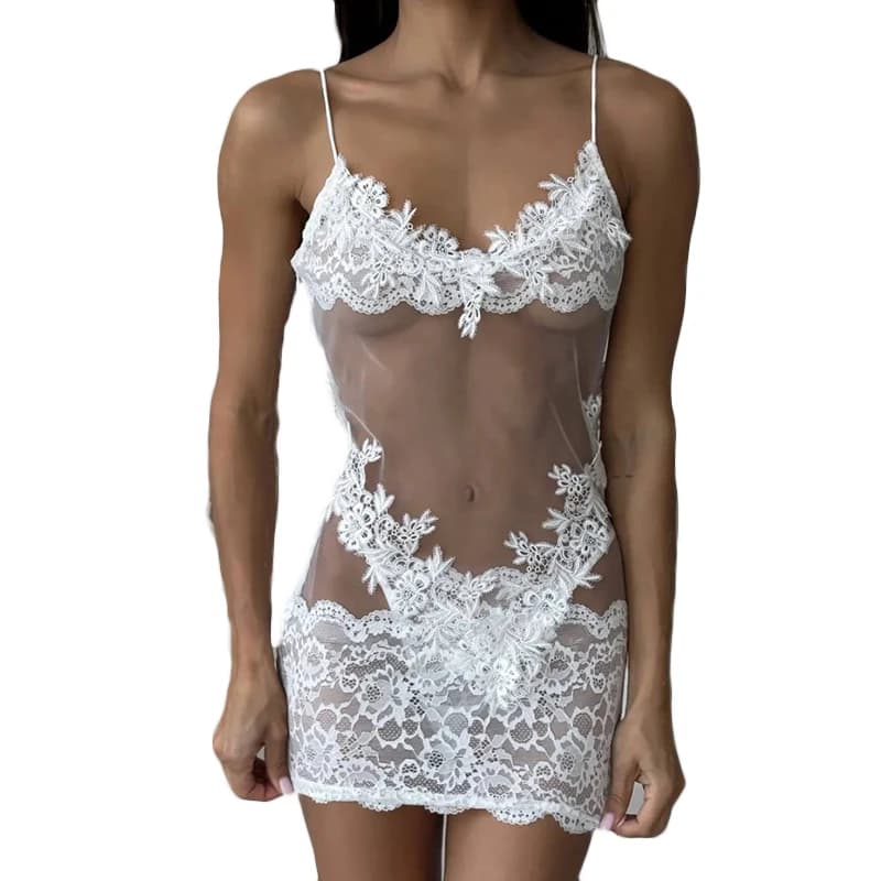 Sexy Lace Chemise Nightgown Women Sheer Mesh Babydoll Sleepwear Solid See Through Clubwear Mini Dress Sleepwear Intimates Slip