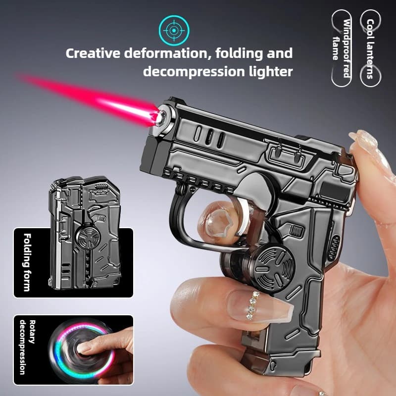 Nuovo accendino butano trasformabile, fiamma rossa antivento con illuminazione RGB e design a pistola/giroscopio, torcia pieghevole antistress
