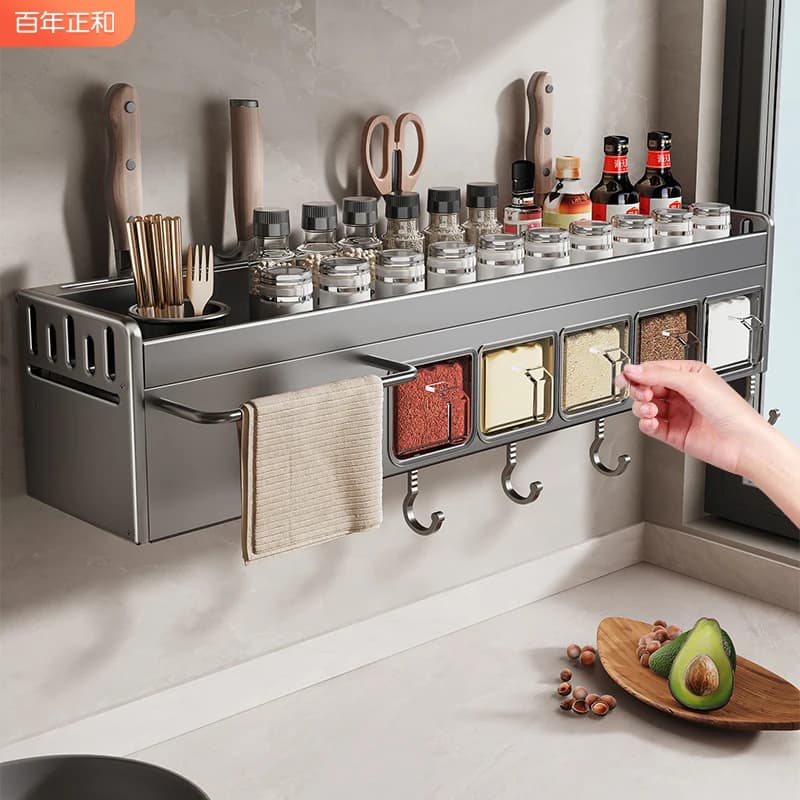 Set di Contenitori per Spezie da Cucina, Porta Condimenti, Porta Posate, Porta Coltelli Multifunzione da Parete Salvaspazio in Lega di Alluminio