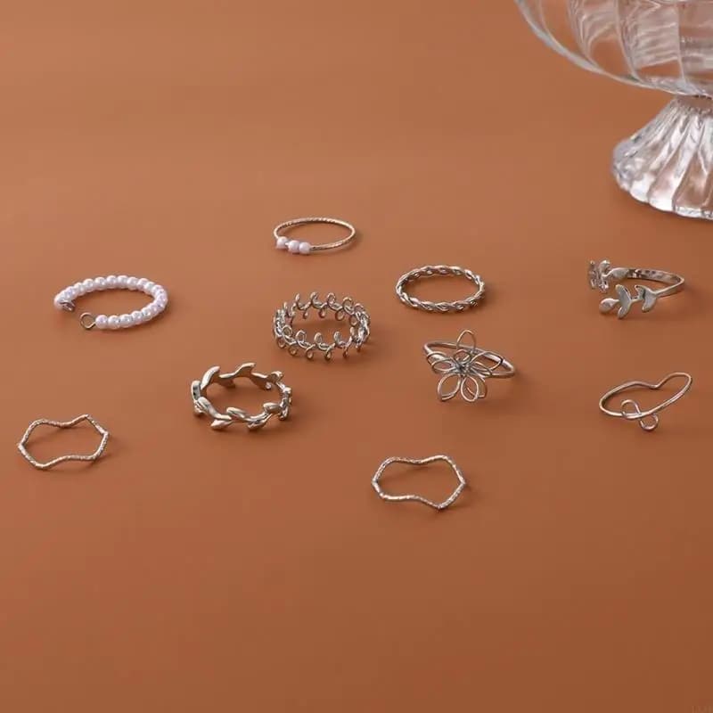 10 pezzi fiori, foglie vite, perle imitazione, anelli, gioielli per donne alla