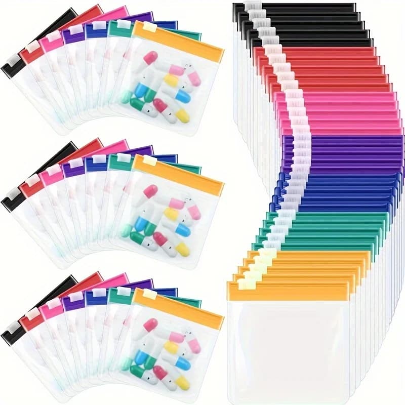 Set di 14/7 Bustine Riutilizzabili con Cerniera per Pillole, 7 Colori, Sacchetti Autosigillanti per Medicinali, Bustine da Viaggio Semitrasparenti per Compresse