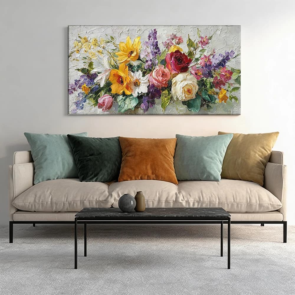 Painted on canvas with large wooden frame, 1 piece, hand painted floral composition.