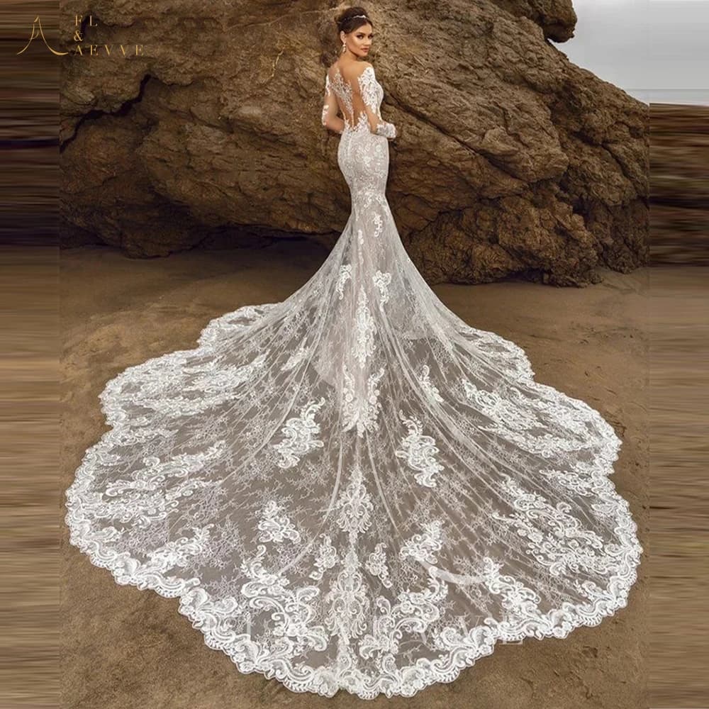 FL&AEVVE Abiti da sposa personalizzati a maniche lunghe per le donne Abito da sposa in pizzo con strascico da cappella Abito da cerimonia nuziale a sirena