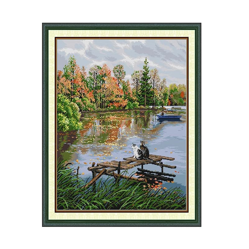 Ci sono due gattini al fiume fai da te punto croce Set ricamo Kit ricamo per principianti cucito a mano arte decorazioni per la casa