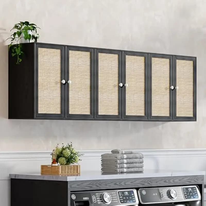 Set of 3 Wall-Mounted Engineered Wood Cabinets with Paper Rattan Doors, Adjustable Interior Shelf, Built-in Motion-Sensor LED Li