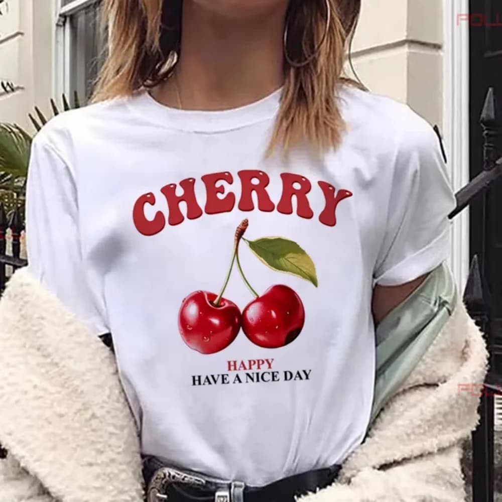 Women's Cherry Print T-Shirt Crew Neck Sleeve Casual Fabric Fruit Vegetable Summer Short Sleeved Harajuku Streetwear Tops Tees