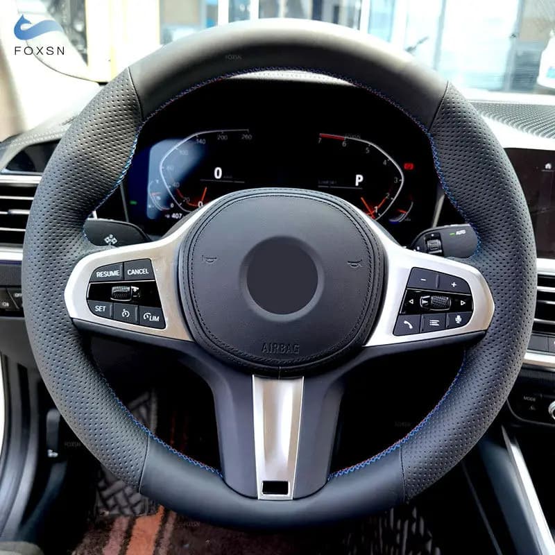 Black - red blue line Perforated Leather Steering Wheel Cover For BMW M Sport G30 G31 G32 G11 G20 G21 G01 G02 X5 G05 G14 G15 G16