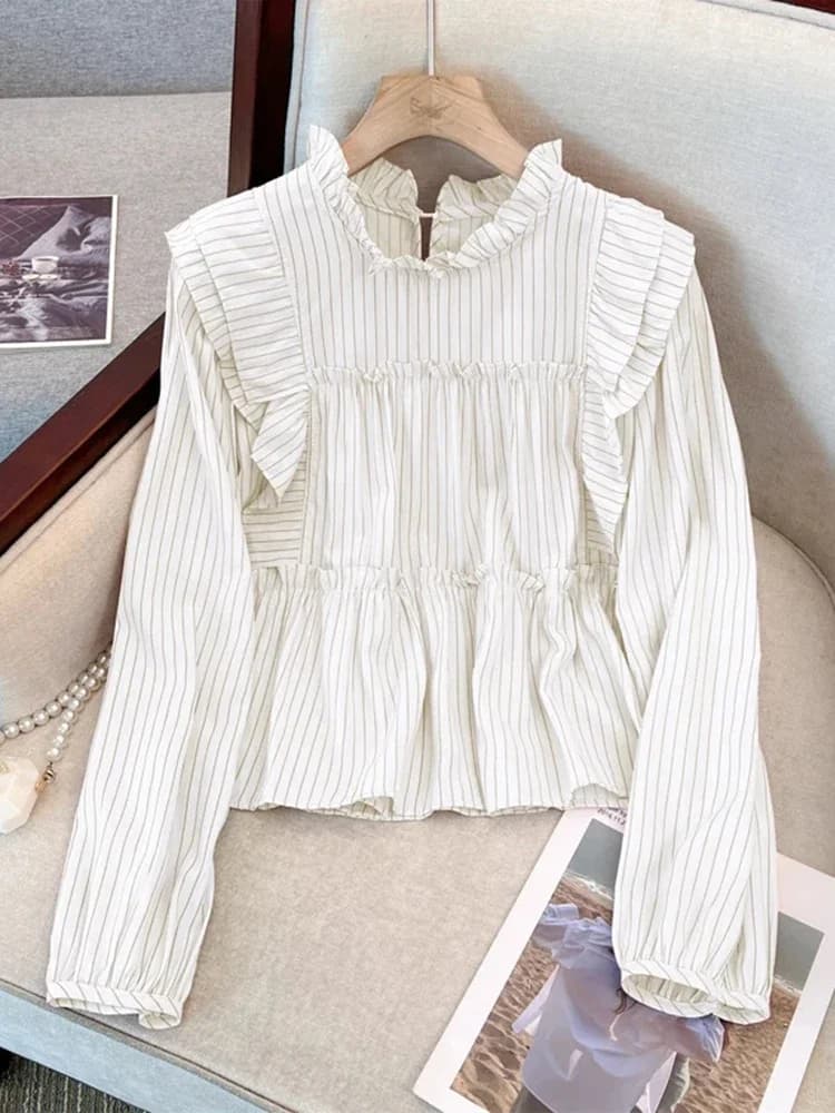 New French Vintage Vertical Striped Loose Women Blouse Elegant Ladies Sweet Pink White Female Chicly Ruffles Collar Top