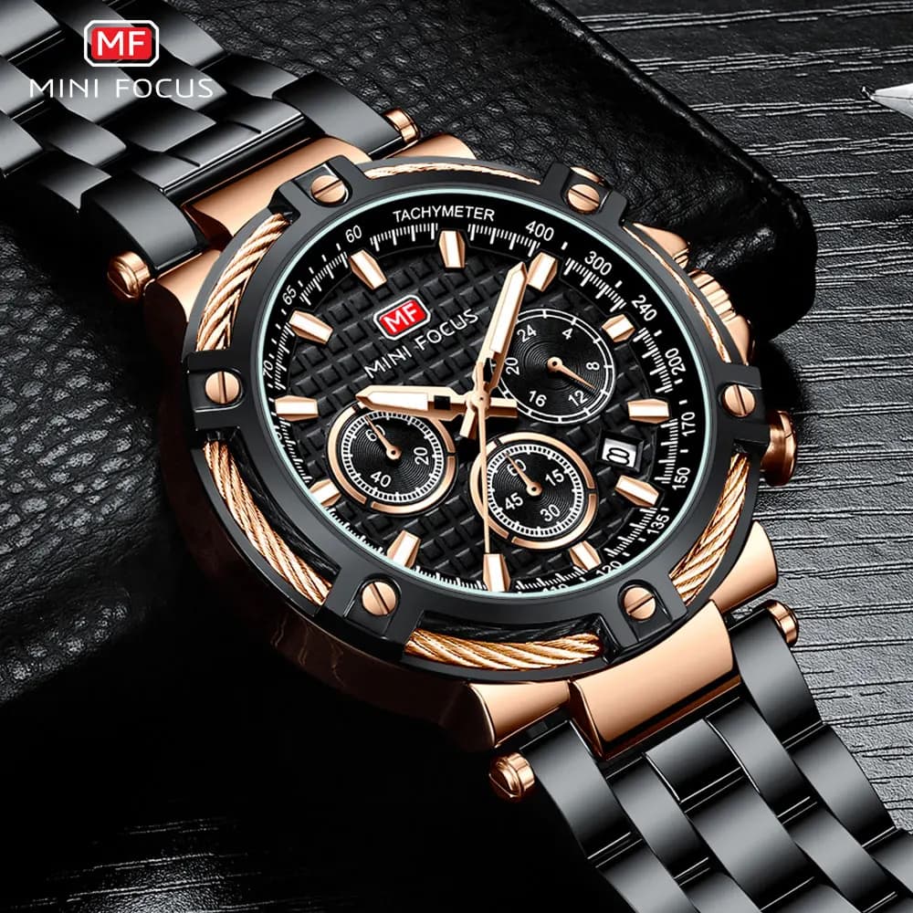 MINI FOCUS Black Stainless Steel Quartz Watch Fashionable Luminous Men's Wrist Watch with Chronograph Date Display 24 Hours 0470