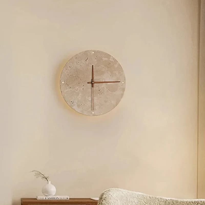 Orologio Moderno Creativo, Lampada da Parete Wabi Sabi per Soggiorno, Applique Circolare Nordica Semplice in Travertino Giallo per Ristorante e Corridoio