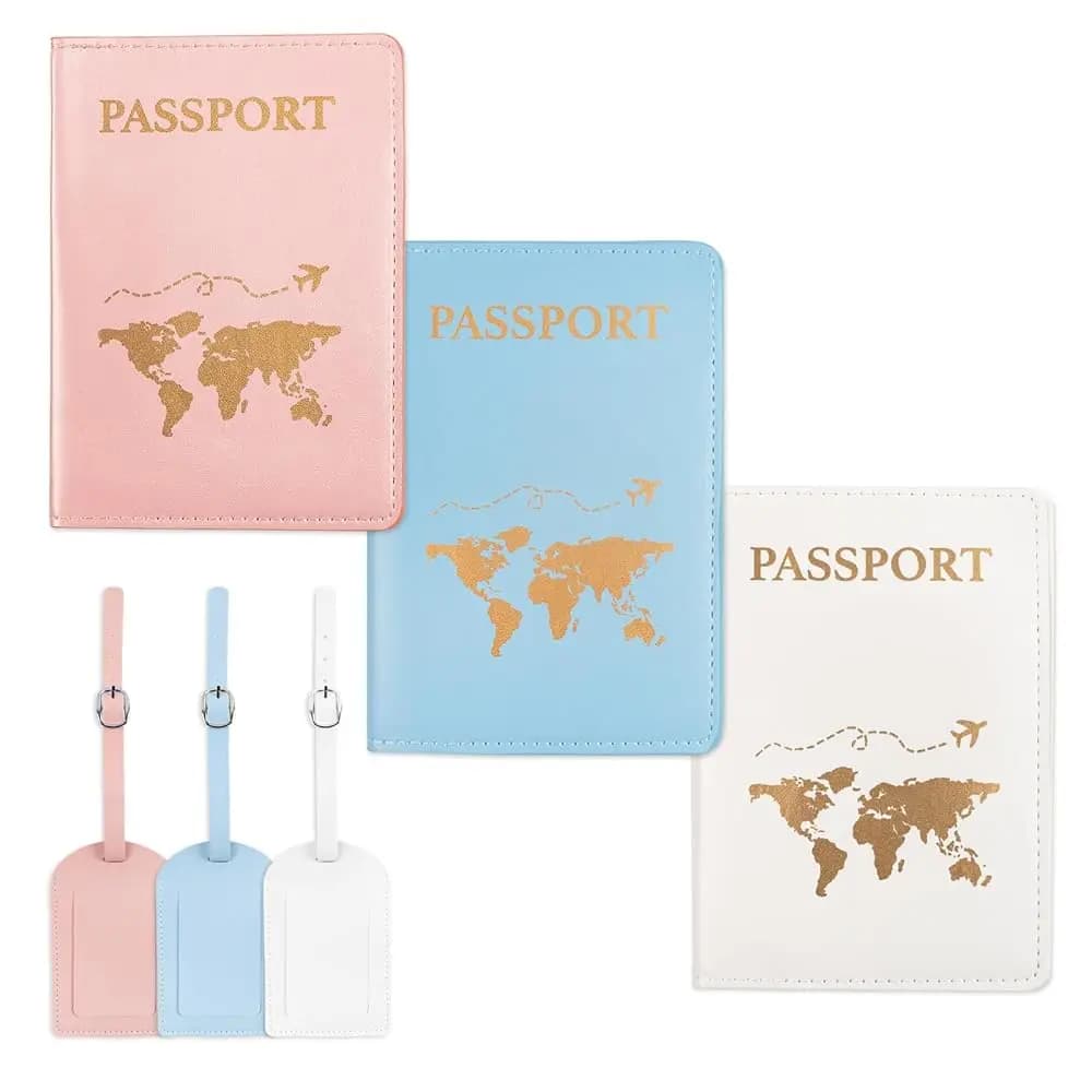Set di 3 Porta Passaporto e 3 Etichette per Bagagli, Copertina per Passaporto in Pelle PU per Viaggi, Etichetta per Valigie, Adatto per