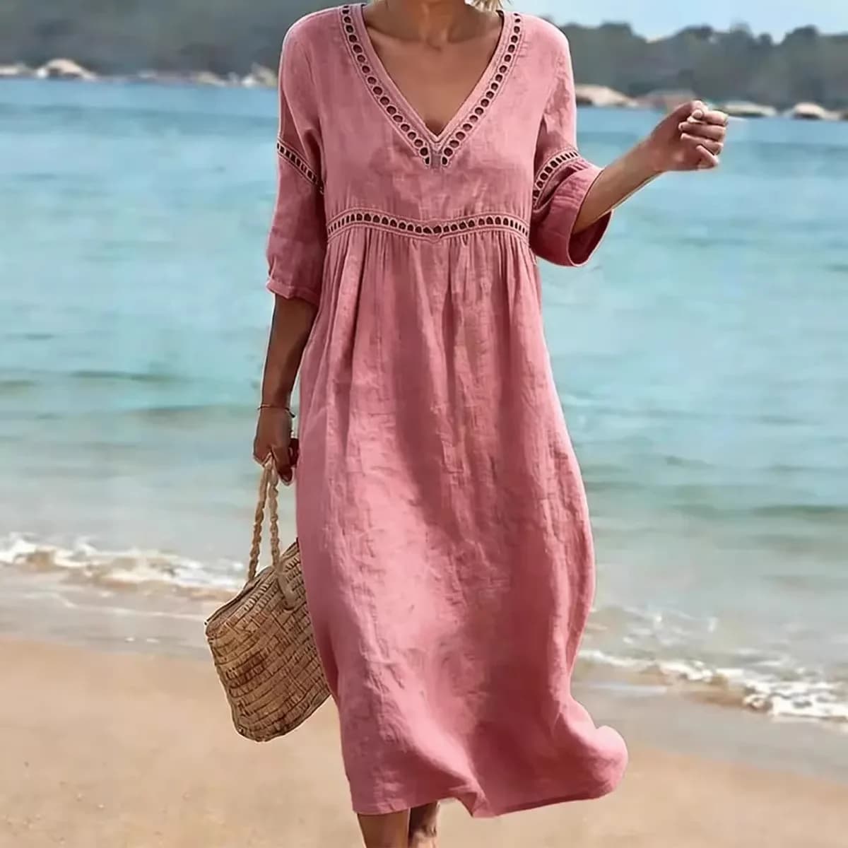 Elegant Casual V-Neck Pure Color Midi Sleeve Ladies Dress Spring Summer New Style Citywalk Loose Waist Cotton Linen Material