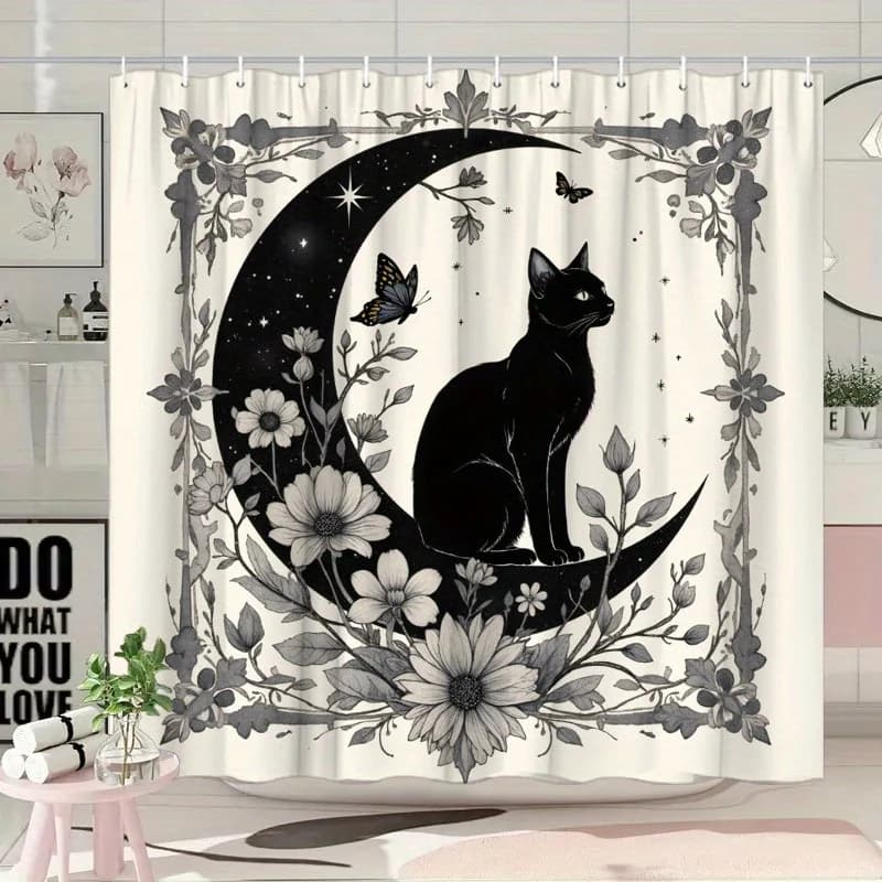Tenda da doccia Cat Moon - Silhouette di gatto nero, luna crescente, motivi floreali e farfalle, design mistico, 12 ganci inclusi