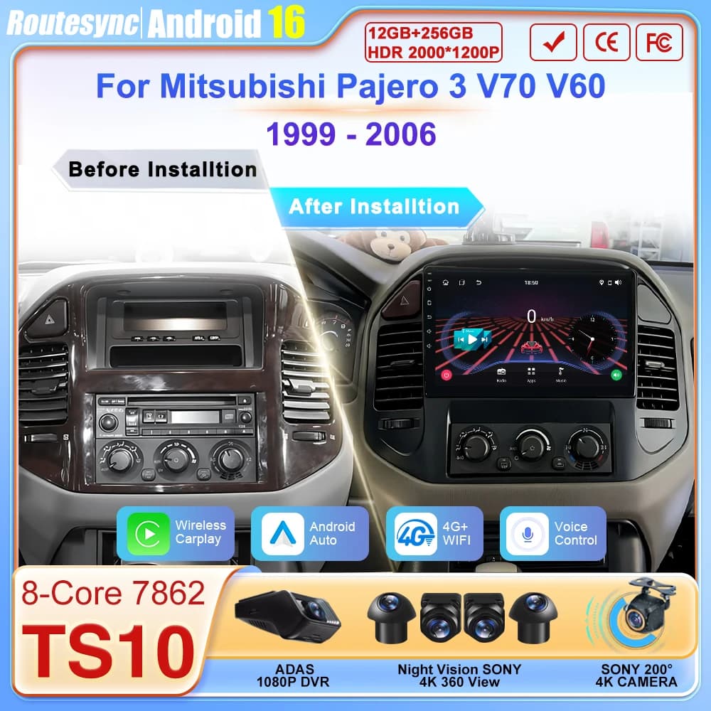 Autoradio Android 2 Din for Mitsubishi Pajero 3 V70 V60 1999-2006, Stereo with CarPlay, Android 16, GPS Navigation, Wi-Fi