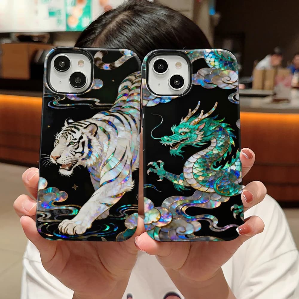 Elegante Cover per iPhone 17 16 15 14 Plus 13 12 11 Pro Max Mini XS con Stampa Effetto Marmo Tigre Drago, 2 in 1 TPU+PC