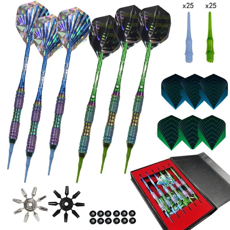 Set di 6 freccette colorate con punta morbida arcobaleno, con 12 O-Ring, 6 alette e 50 punte morbide di ricambio, per freccette elettroniche