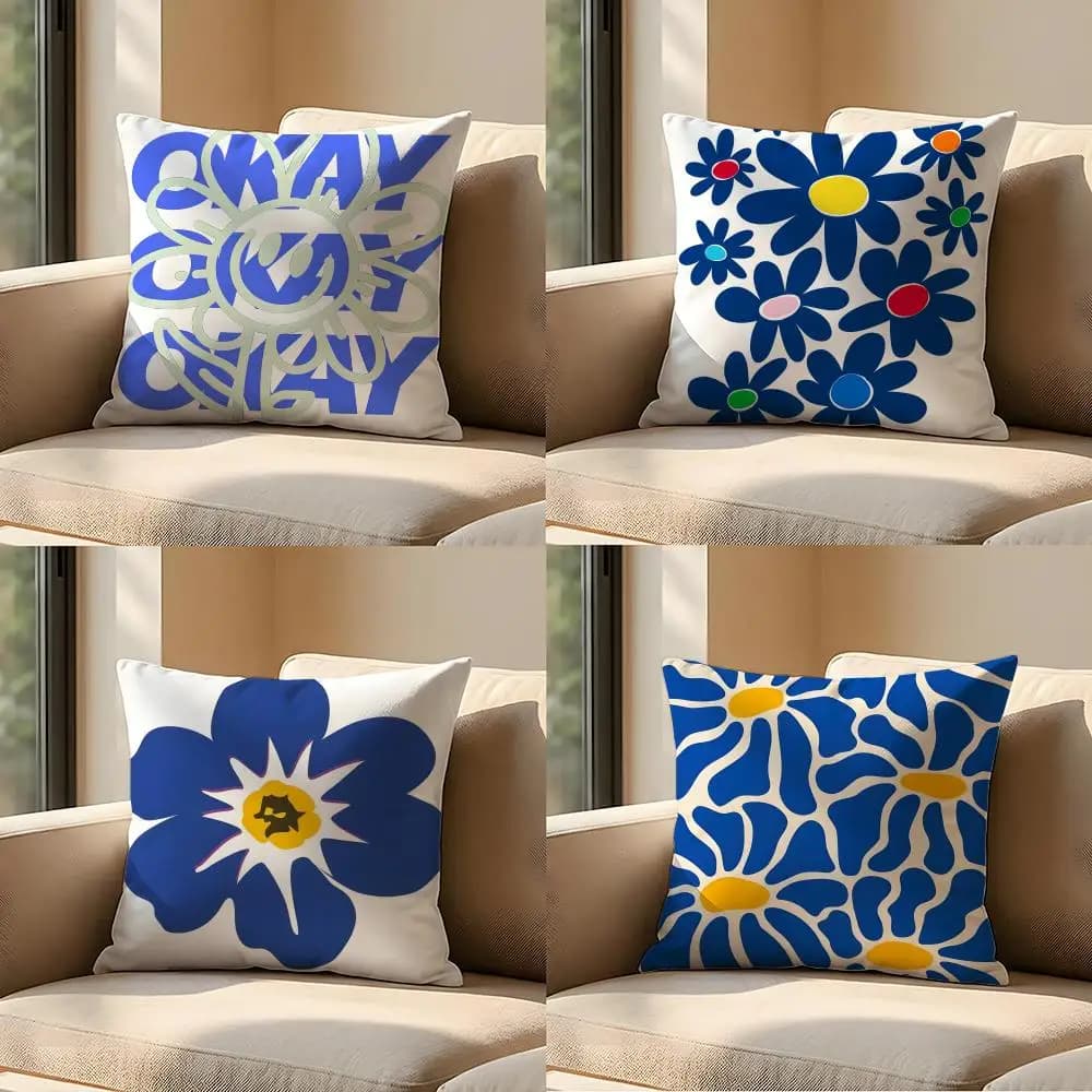 Fodera per cuscino Art B-Blue F-Flower per divano, soggiorno, camera da letto, testiera, schienale, cuscino quadrato per il riposo