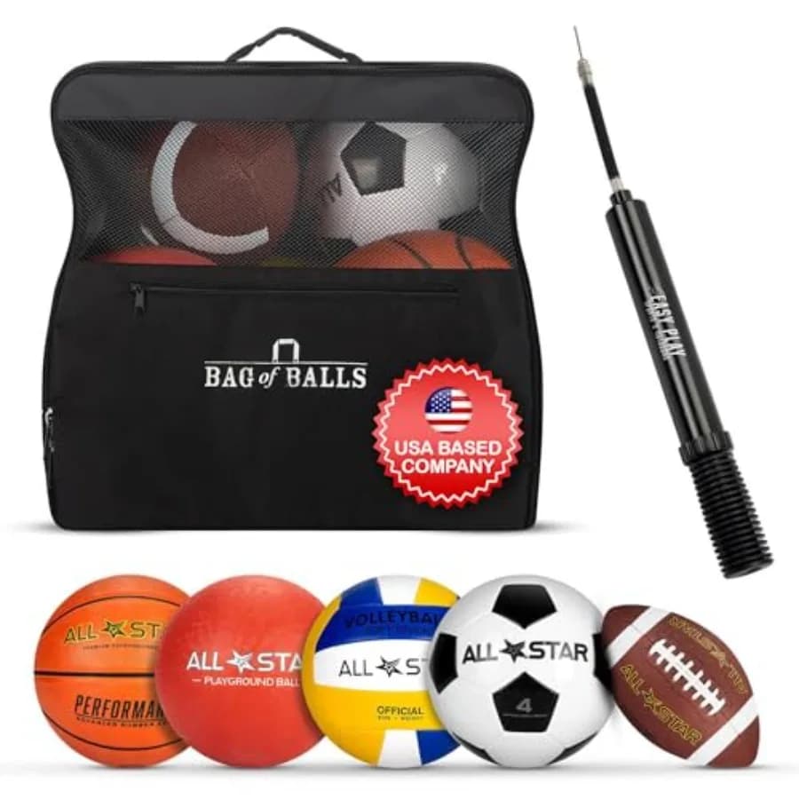 Set Completo di Palloni Sportivi con Borsa e Pompa per Ragazzi - Kickball, Pallavolo, Calcio, Football, Basket - Giochi all'Aperto