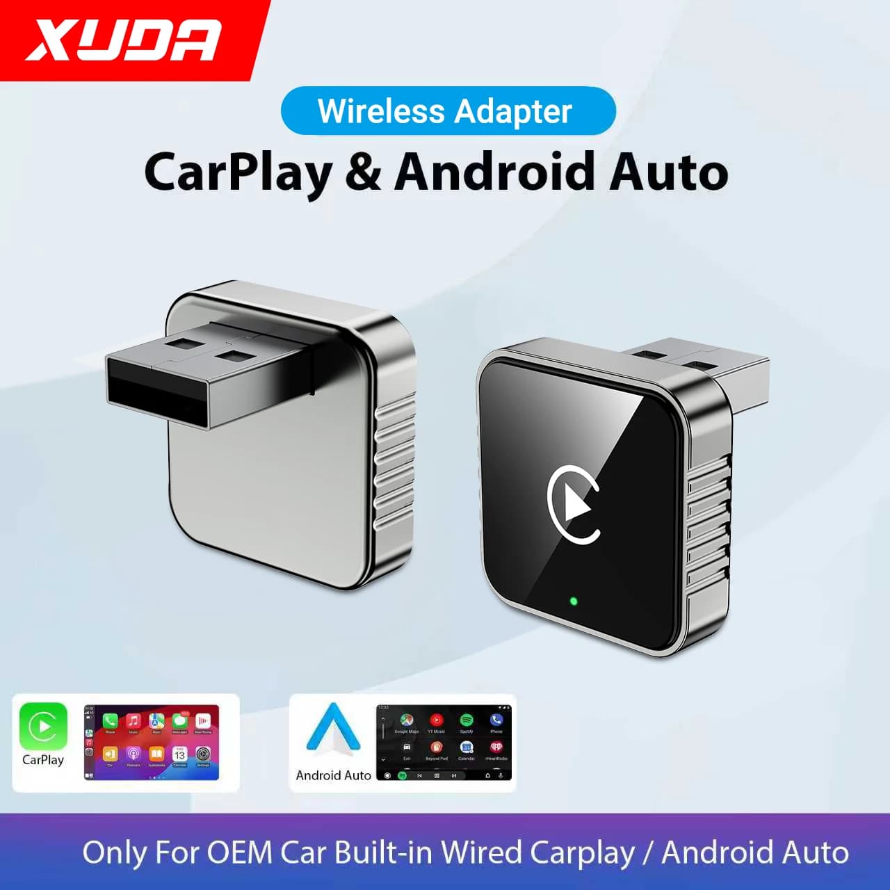 Adapter XUDA 2 in 1 from wired to wireless for CarPlay and Android Auto, for OEM car with USB dongle, mini plug and play Bluetooth