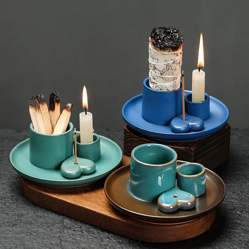 Set Bruciatore di Incenso in Ceramica - Decorazione Multifunzionale per la Casa, Bruciatore 4-in-1 per Bastoncini di Incenso e Salvia, Porta Palo Santo e Candele