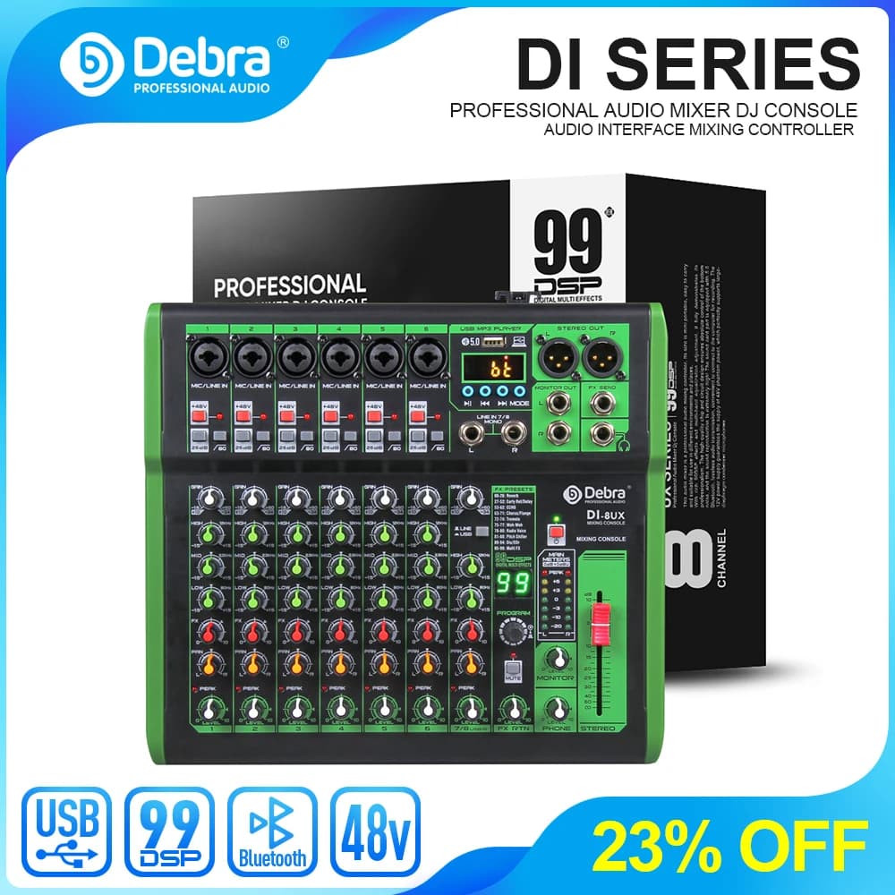 Mixer audio Debra DI pro per karaoke domestico, trasmissioni in diretta, studio di registrazione con 99 effetti digitali DSP e ingresso USB MP3