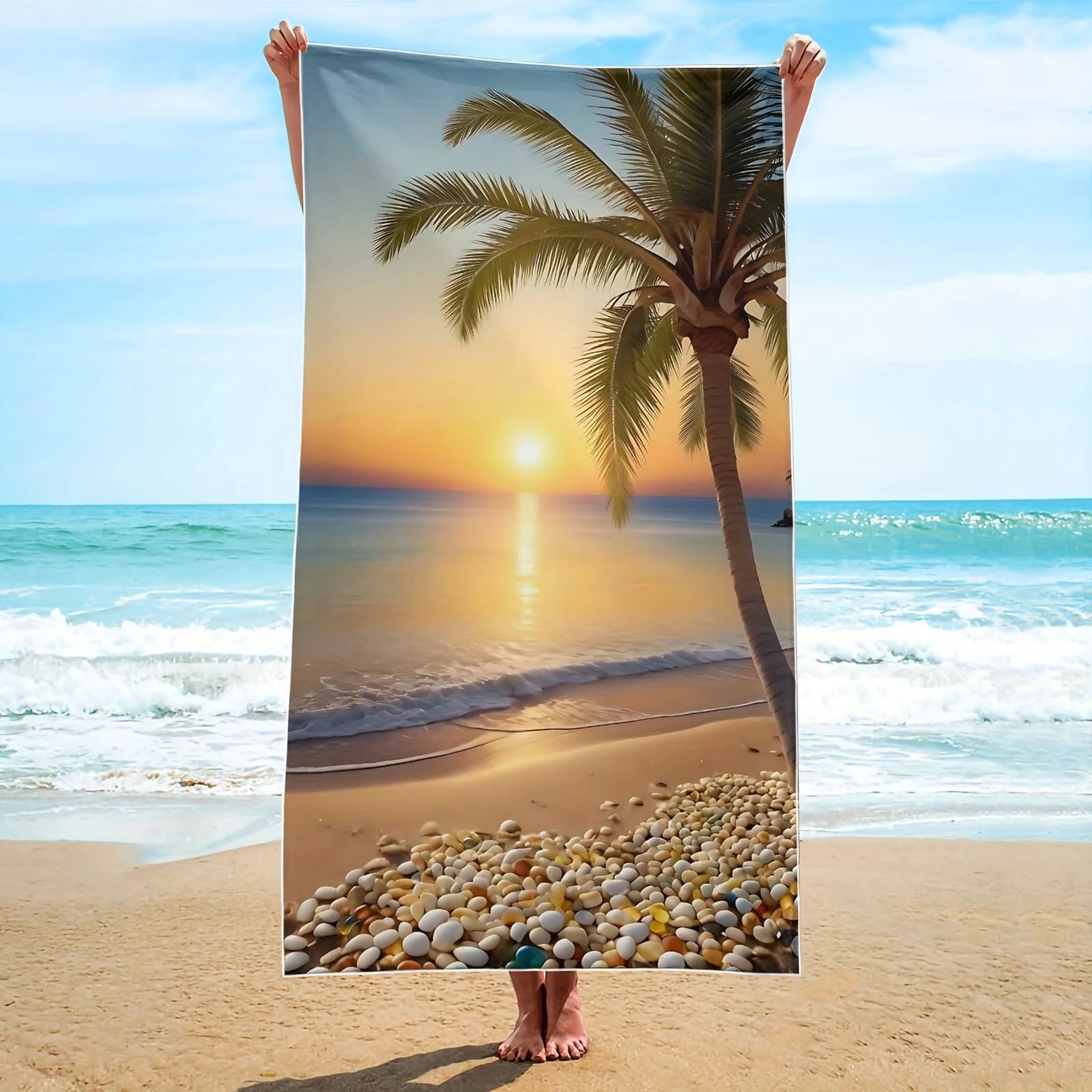 Telo mare e tappetino in microfibra extra large, stampa palma e ciottoli al tramonto, super assorbente ad asciugatura rapida per piscina, yoga, campeggio, viaggi
