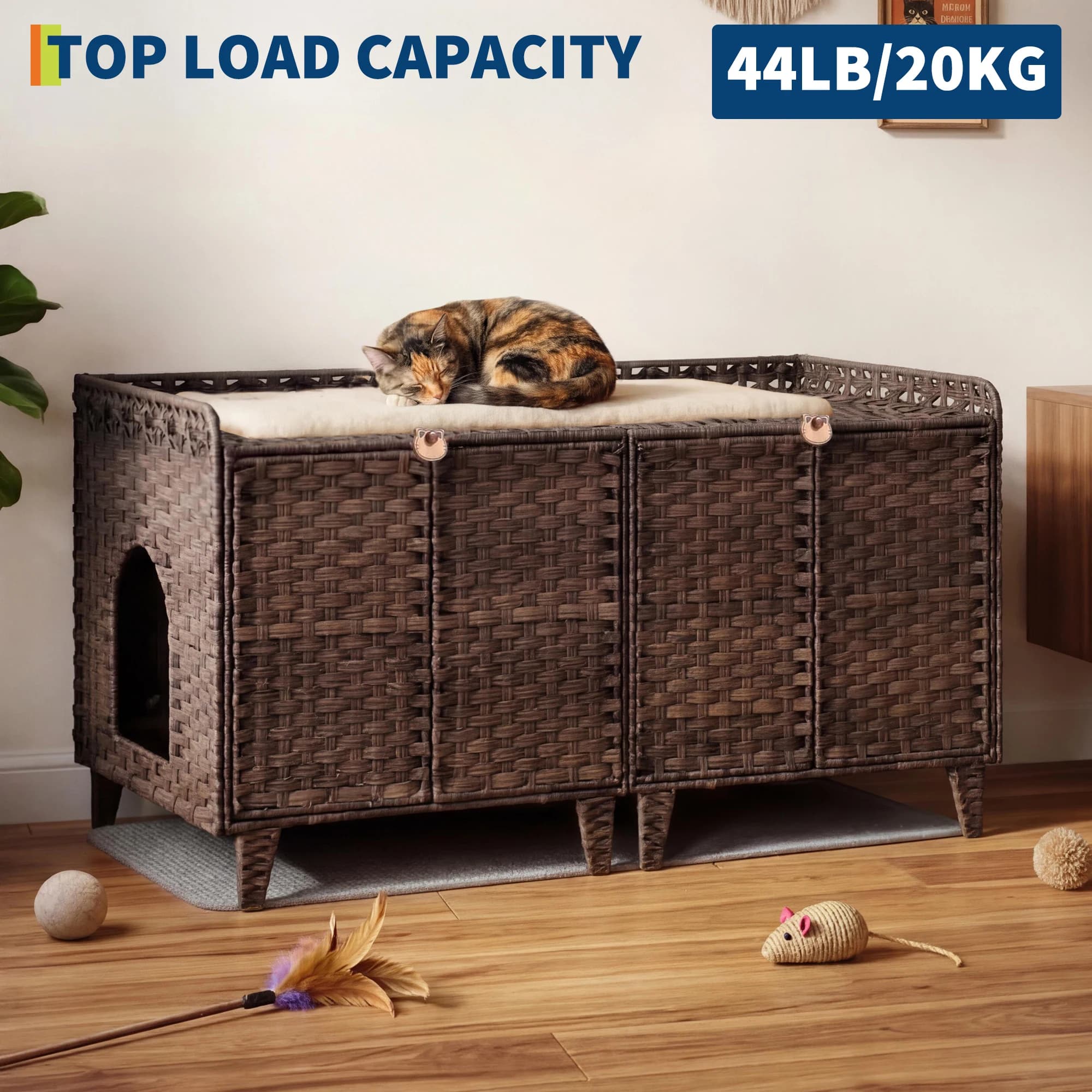 Cat Litter Box Enclosure Furniture, Handwoven Rattan Cat Houses, Hidden Cat Washroom Furniture with Door/Mat, Large Space Cat Houses with S-Shaped Hooks, Living Room, Bedroom