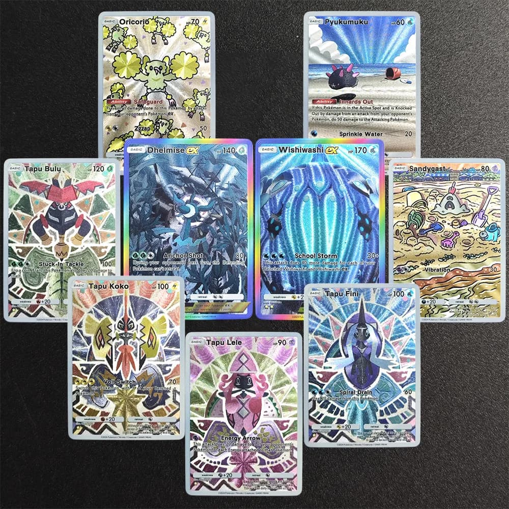 9PCS/Set TCG Pocket English Wishiwashi Dhelmise Oricorio Pyukumuku Sandygast Tapu Bulu Fini Koko Game Texture Flash Card Toy