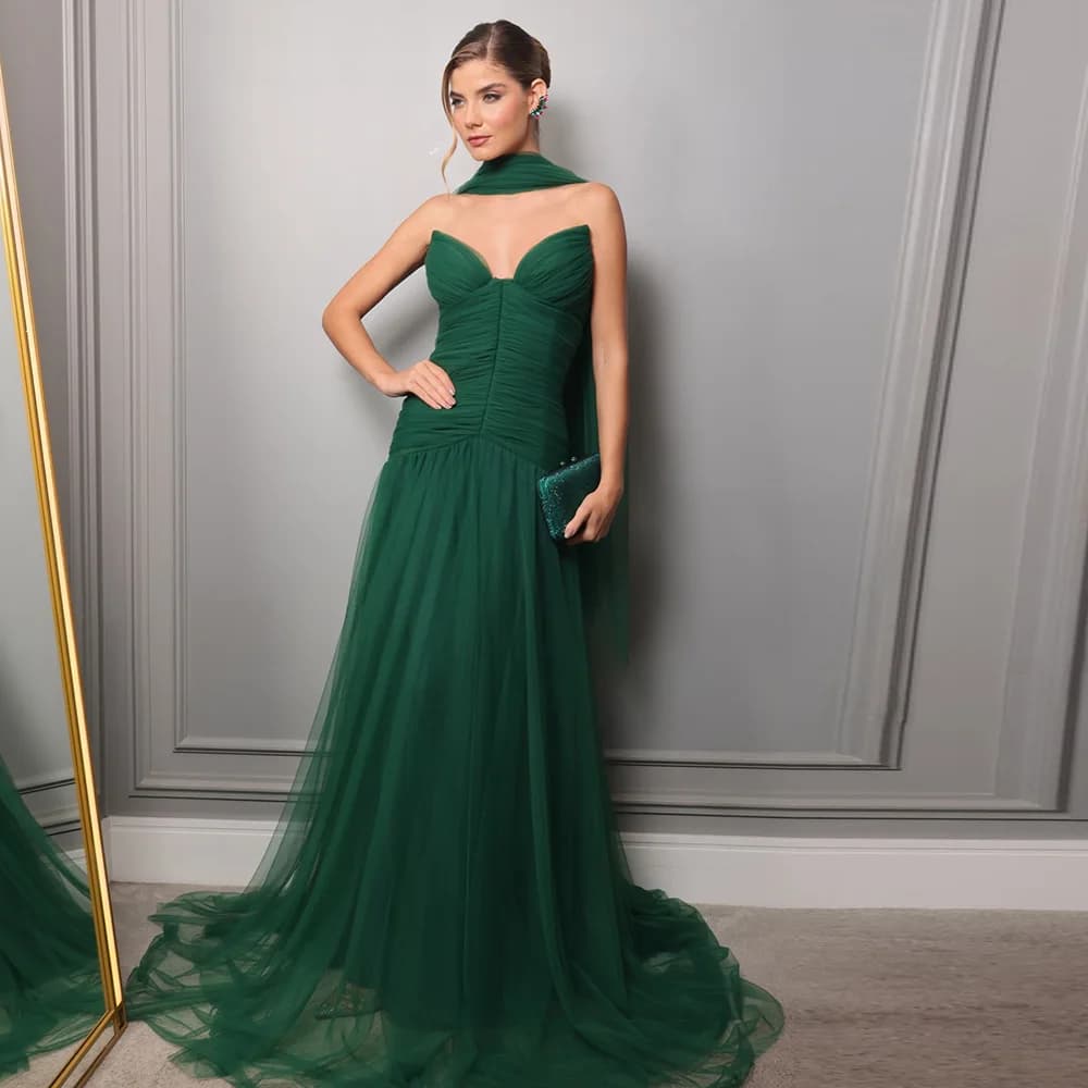 Customized Emerald Green Mermaid Prom Dresses with Scarf Tulle Evening Gowns Sweetheart Formal Party Dress vestido de festa