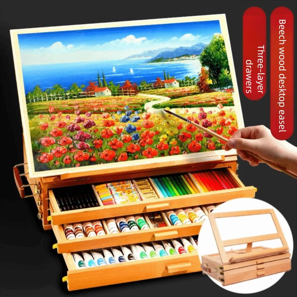 Adjustable Beech Wooden Table Easel Multifunction Oil Paint Art Painting Easel Box Folding Professional Sketch Drawer Box
