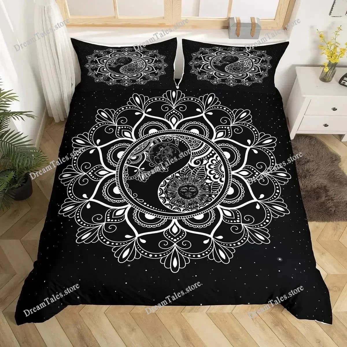 Set Copripiumino Bianco e Nero, Set Biancheria da Letto Boho Mandala per Bambini, Copripiumino Yin e Yang in Poliestere, Misura King 741