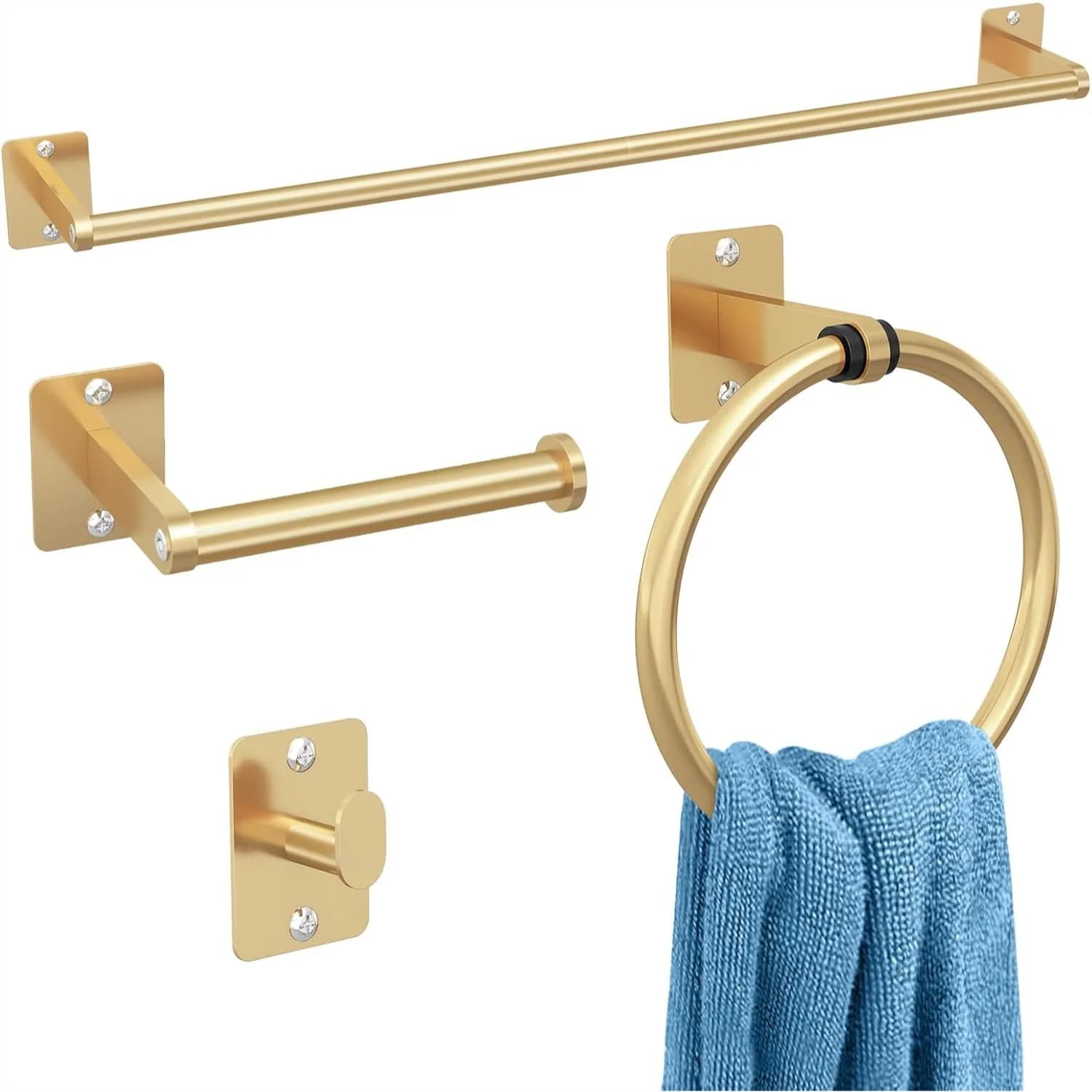 Set di accessori da bagno 4 pezzi con finiture oro, portasciugamani da 24 pollici, portasciugamani, gancio per accappatoio, porta carta igienica da parete