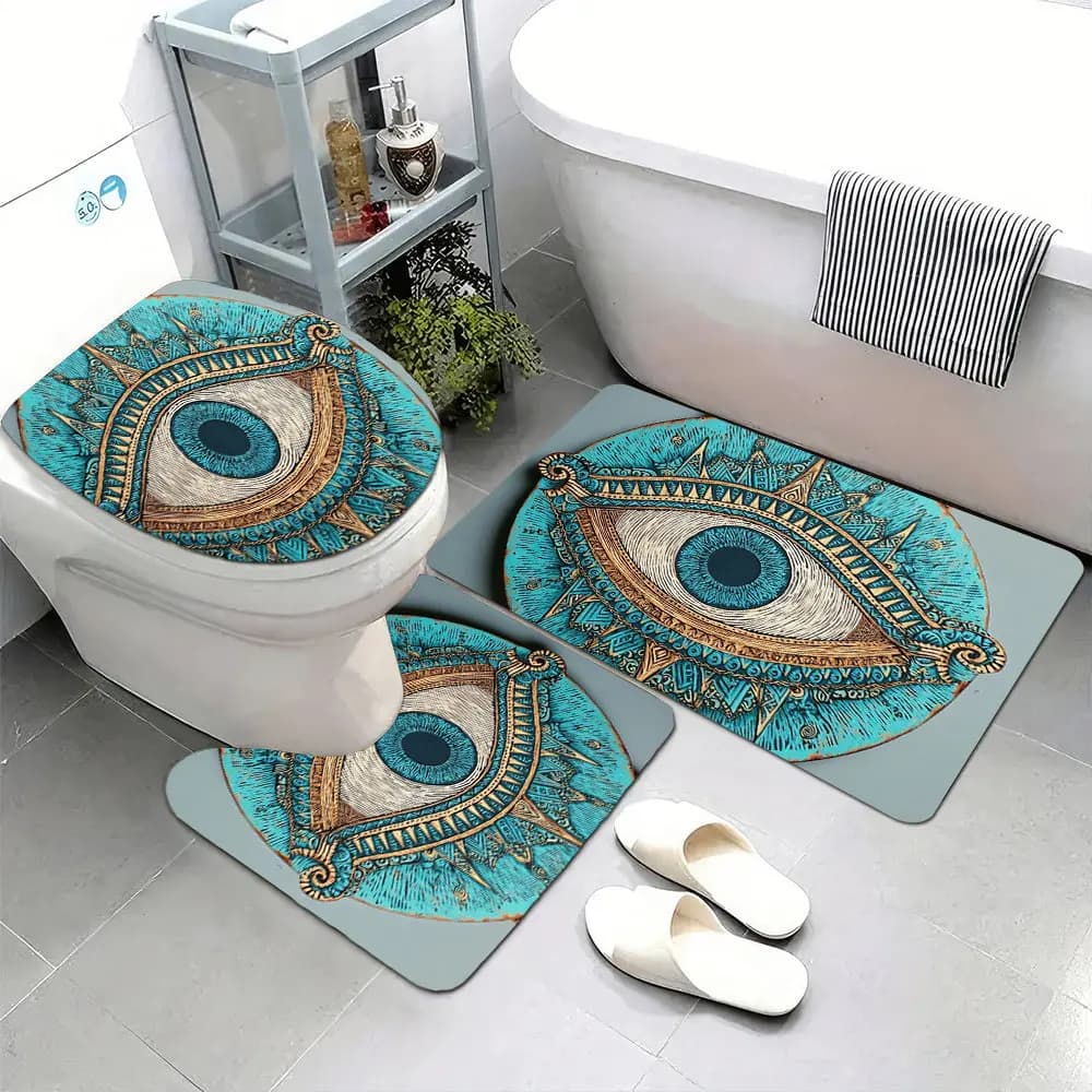 Set di 3 tappetini da bagno super morbidi, con retro antiscivolo, una targa in legno dipinta a mano con stampa di un disegno a forma di occhio, adatta per il bagno