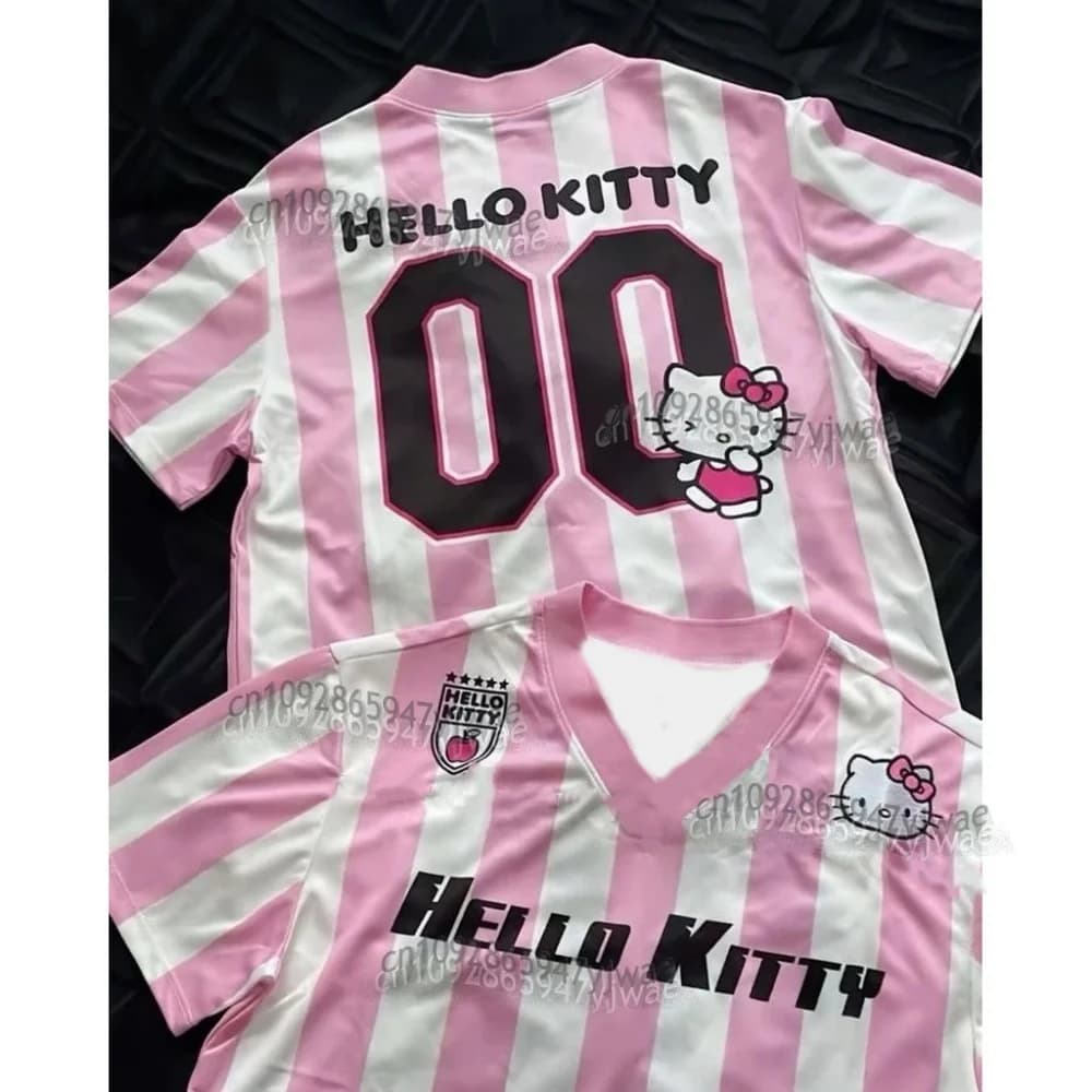 T-shirt da donna 2026 HELLO KITTY a righe con stampa, scollo a V, manica corta, maglia estiva, maglia da baseball a righe, t-shirt sportiva oversize per bambini