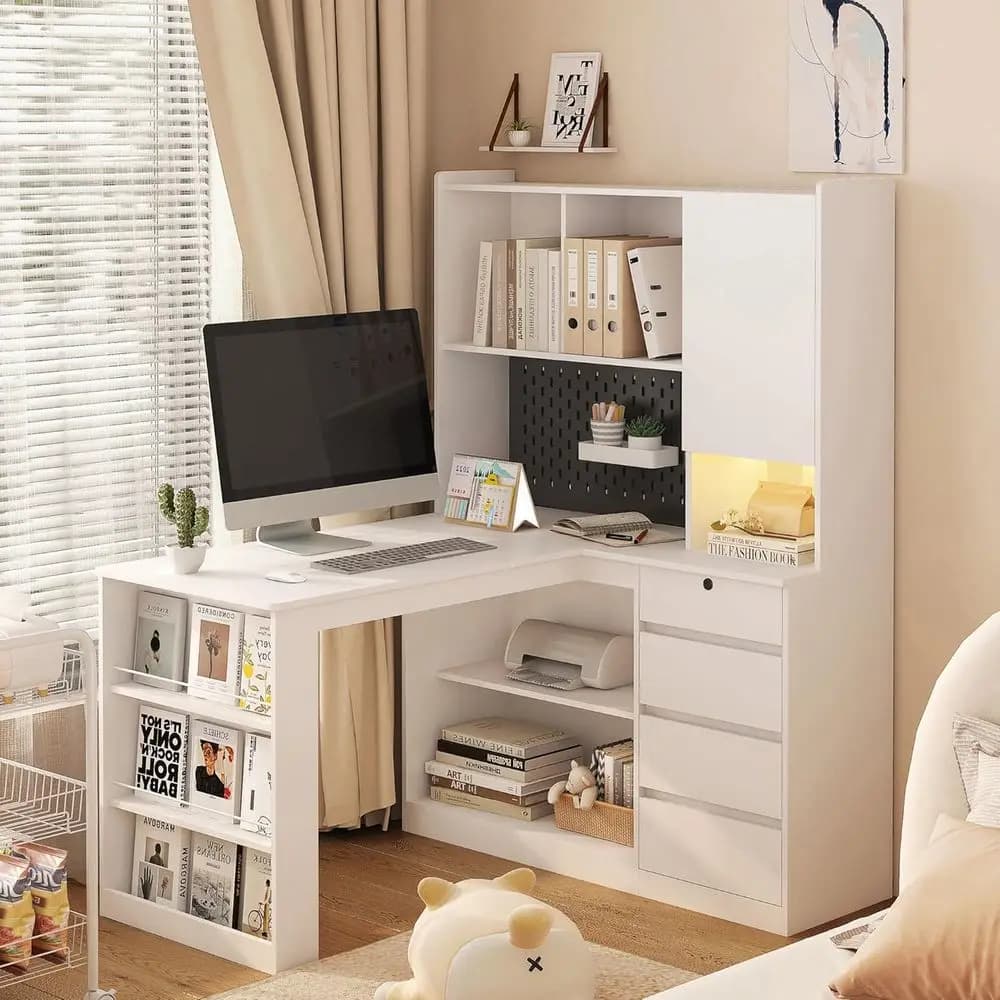 46 Scrivania bianca a forma di L con gabbia, libreria, cassetti, presa di corrente per ufficio domestico, studio e giochi